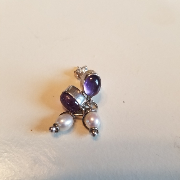 Sterling Silver Amethyst and Pearl Dangle Earrings - Picture 2 of 4